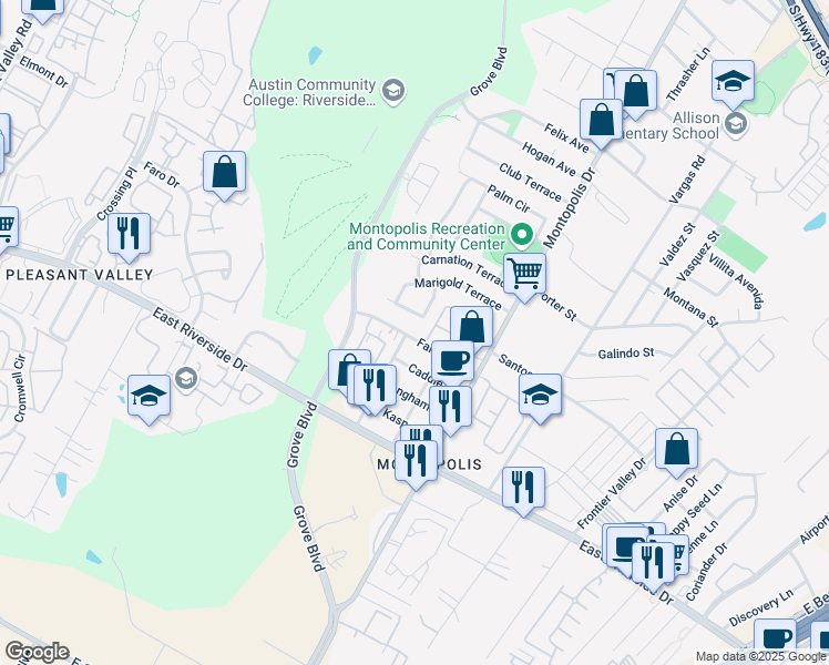 map of restaurants, bars, coffee shops, grocery stores, and more near 6100 Fairway Street in Austin