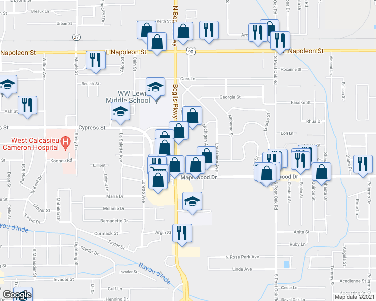 map of restaurants, bars, coffee shops, grocery stores, and more near 950 Beglis Parkway in Sulphur