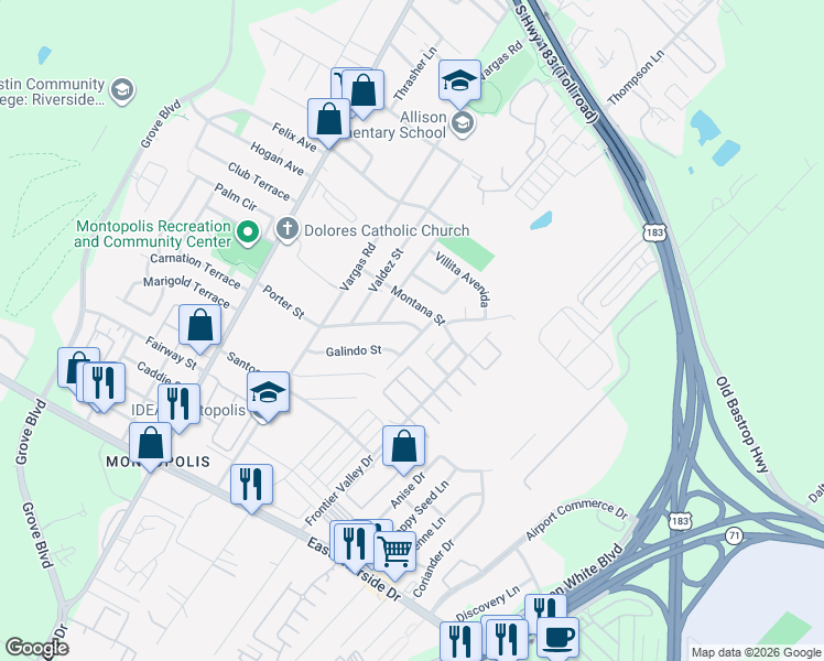 map of restaurants, bars, coffee shops, grocery stores, and more near 6815 Porter Street in Austin