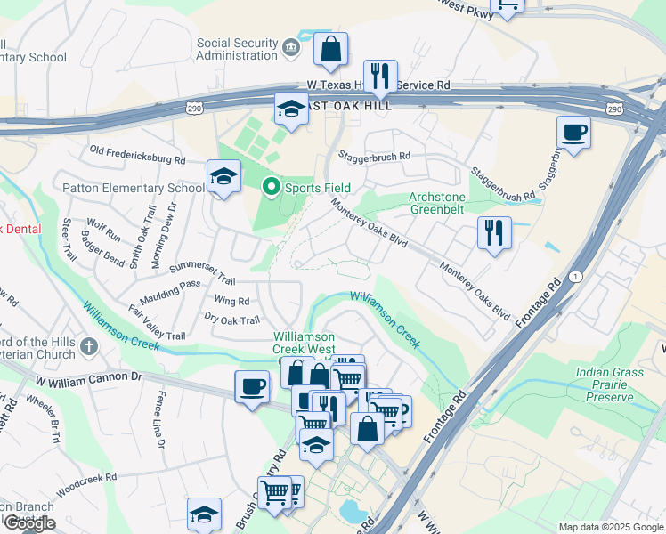 map of restaurants, bars, coffee shops, grocery stores, and more near 6107 Brush Country Road in Austin