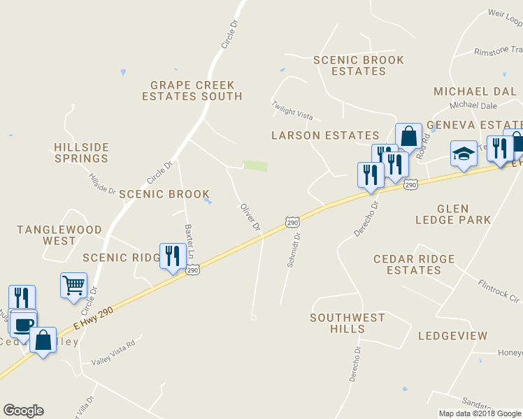 map of restaurants, bars, coffee shops, grocery stores, and more near 9919 Oliver Drive in Austin