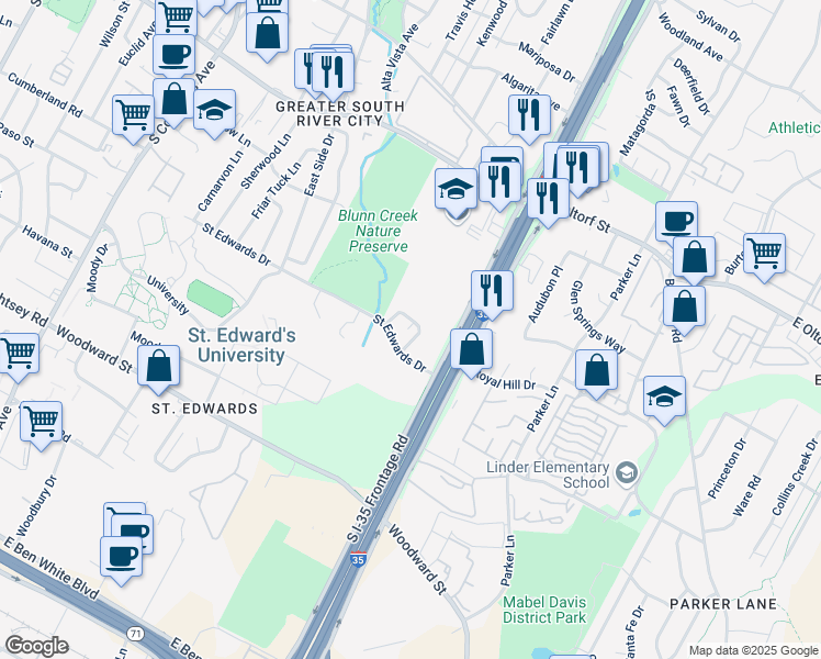 map of restaurants, bars, coffee shops, grocery stores, and more near 2715 Saint Edwards Circle in Austin