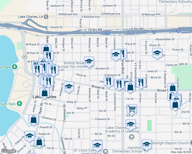 map of restaurants, bars, coffee shops, grocery stores, and more near 824 South Division Street in Lake Charles