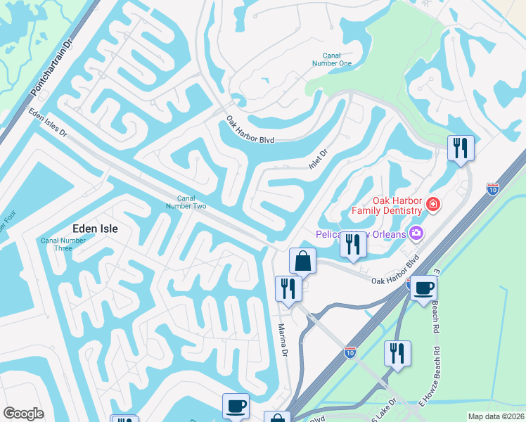 map of restaurants, bars, coffee shops, grocery stores, and more near 103 Inlet Drive in Slidell