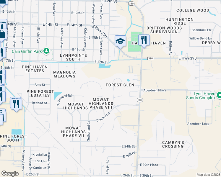 map of restaurants, bars, coffee shops, grocery stores, and more near 1416 Thurso Road in Lynn Haven