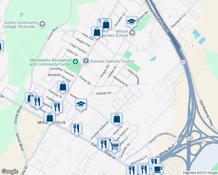 map of restaurants, bars, coffee shops, grocery stores, and more near 6709 Porter Street in Austin
