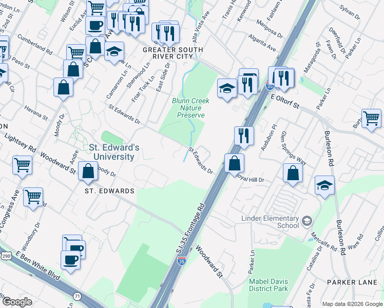 map of restaurants, bars, coffee shops, grocery stores, and more near 1301 Saint Edwards Drive in Austin