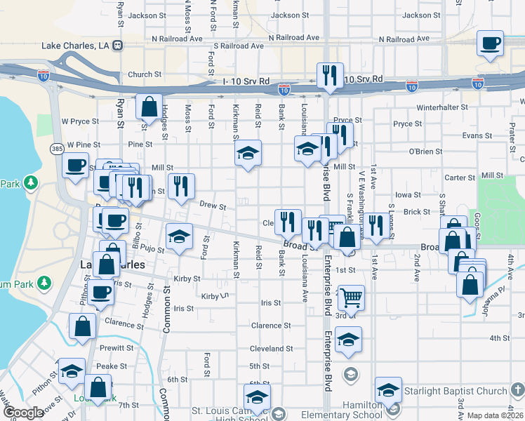 map of restaurants, bars, coffee shops, grocery stores, and more near 824 South Division Street in Lake Charles