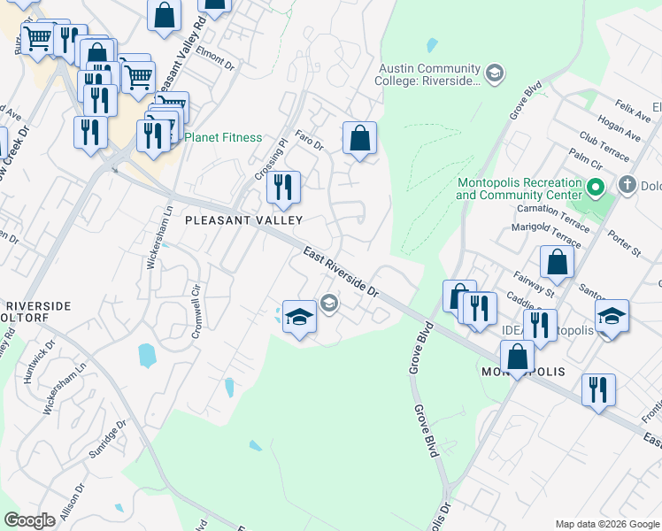 map of restaurants, bars, coffee shops, grocery stores, and more near E Riverside Dr & Faro Dr in Austin