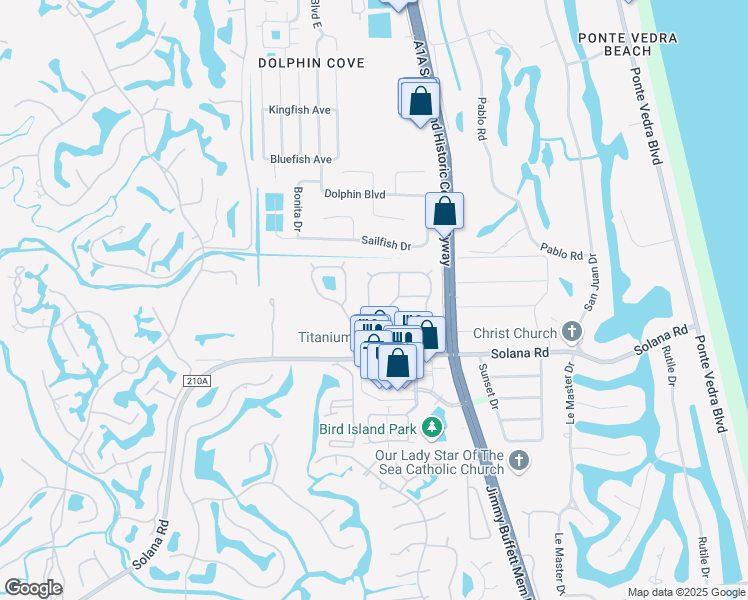 map of restaurants, bars, coffee shops, grocery stores, and more near 206 Pheasant Run in Ponte Vedra Beach