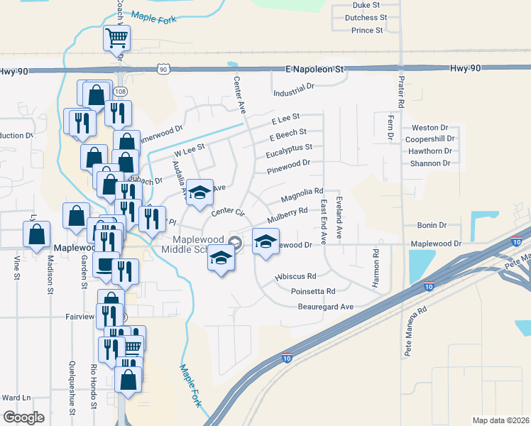 map of restaurants, bars, coffee shops, grocery stores, and more near 82 Dogwood Ln in Sulphur