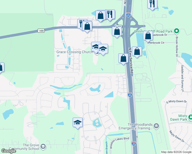 map of restaurants, bars, coffee shops, grocery stores, and more near 2391 Hagerman Road in Conroe