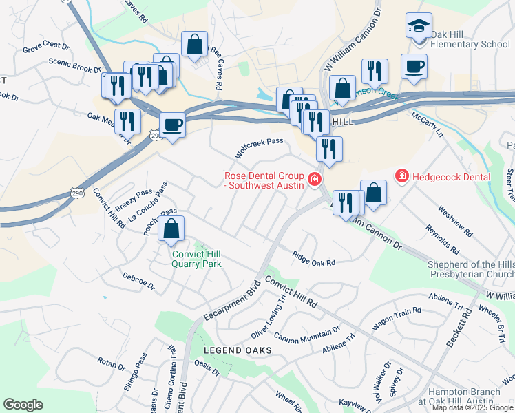 map of restaurants, bars, coffee shops, grocery stores, and more near 7101 Bending Oak Road in Austin