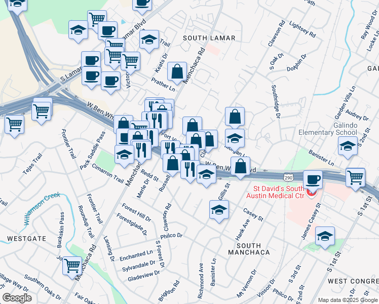 map of restaurants, bars, coffee shops, grocery stores, and more near 1711 Fort View Road in Austin