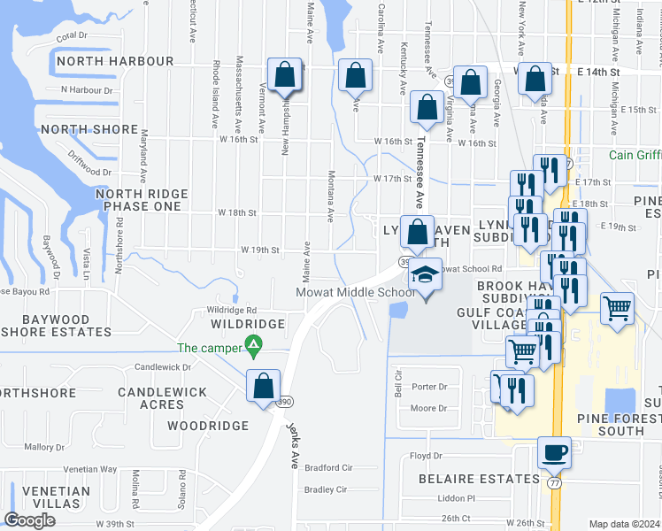 map of restaurants, bars, coffee shops, grocery stores, and more near 1900 Maine Avenue in Lynn Haven