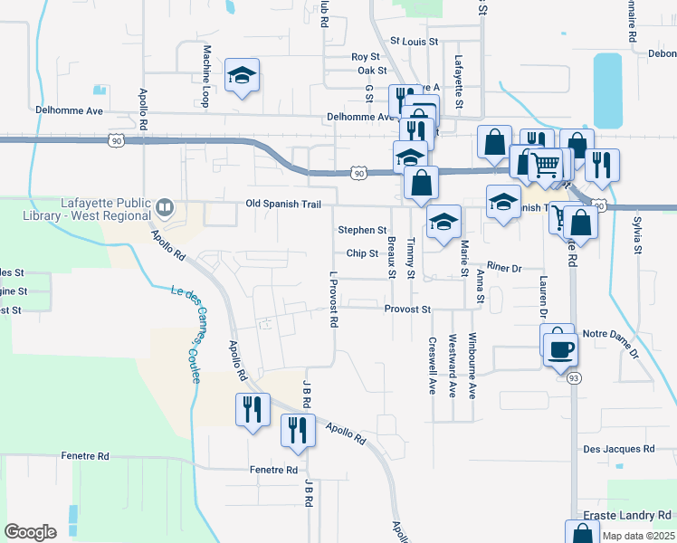 map of restaurants, bars, coffee shops, grocery stores, and more near Stephen Provost Road in Scott