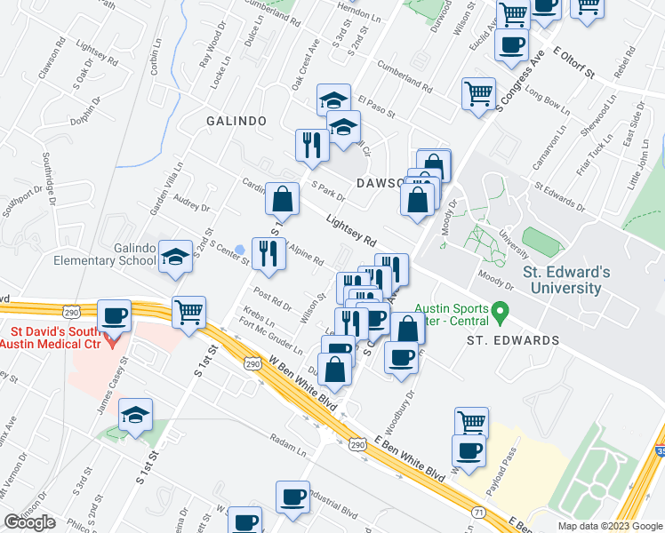 map of restaurants, bars, coffee shops, grocery stores, and more near 304 West Alpine Road in Austin