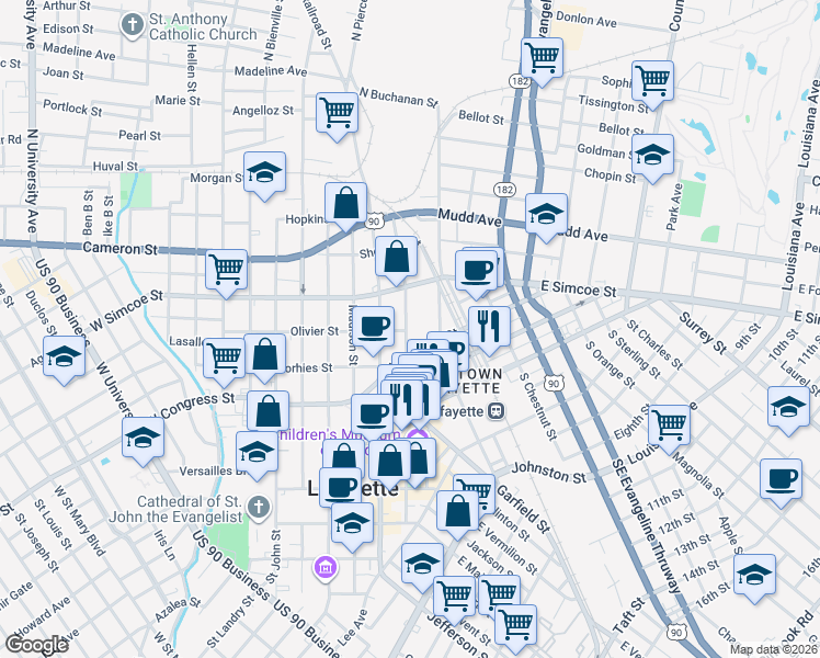 map of restaurants, bars, coffee shops, grocery stores, and more near 335 Monroe Street in Lafayette