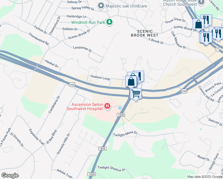 map of restaurants, bars, coffee shops, grocery stores, and more near 8011 East Highway 290 in Austin