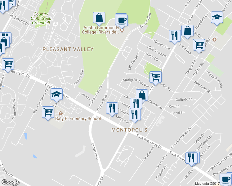 map of restaurants, bars, coffee shops, grocery stores, and more near 6005 Fairway Street in Austin
