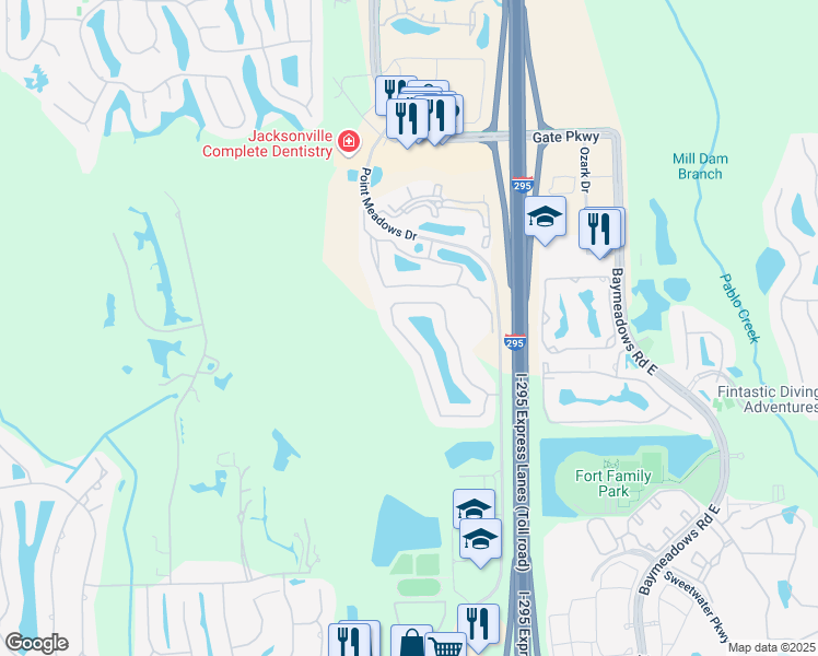 map of restaurants, bars, coffee shops, grocery stores, and more near 7840 Chase Meadows Drive West in Jacksonville