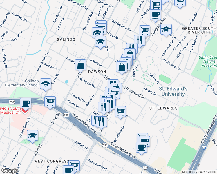 map of restaurants, bars, coffee shops, grocery stores, and more near 3505 Alpine Circle in Austin