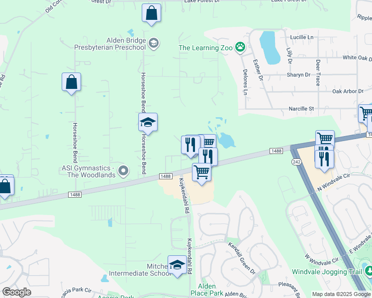 map of restaurants, bars, coffee shops, grocery stores, and more near 26700 Kuykendahl Road in The Woodlands