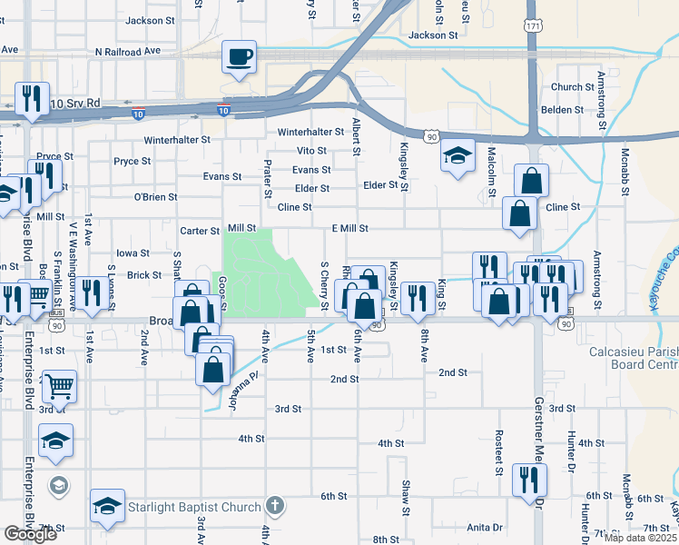 map of restaurants, bars, coffee shops, grocery stores, and more near 701 Rhodes Street in Lake Charles