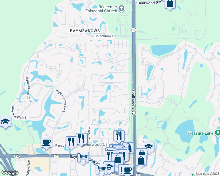 map of restaurants, bars, coffee shops, grocery stores, and more near 28 Horizon Drive in Jacksonville