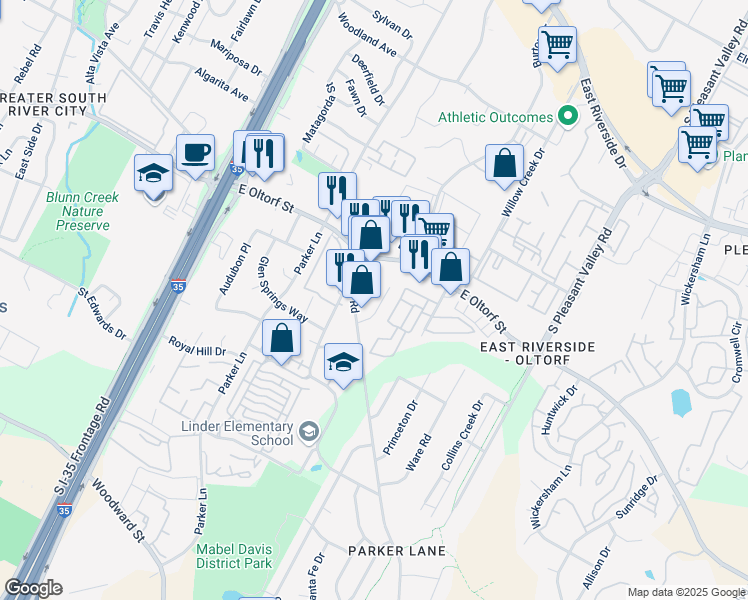 map of restaurants, bars, coffee shops, grocery stores, and more near 2407A Burleson Road in Austin