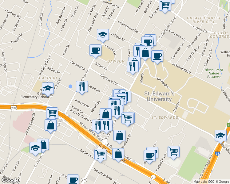 map of restaurants, bars, coffee shops, grocery stores, and more near 3505 Alpine Circle in Austin