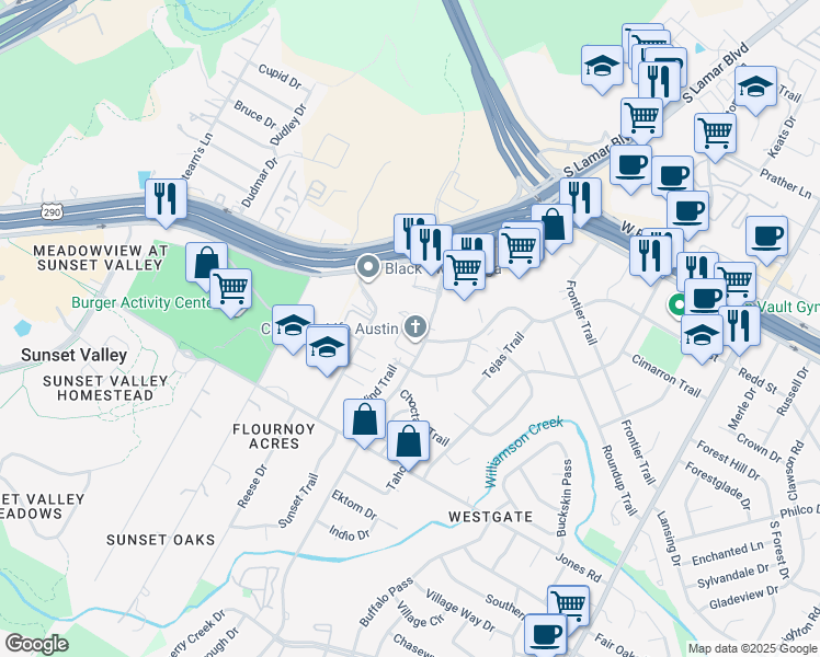 map of restaurants, bars, coffee shops, grocery stores, and more near 4638 West Gate Boulevard in Austin