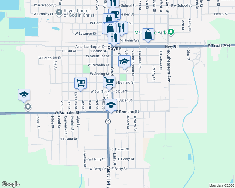 map of restaurants, bars, coffee shops, grocery stores, and more near 706 S Polk St in Rayne