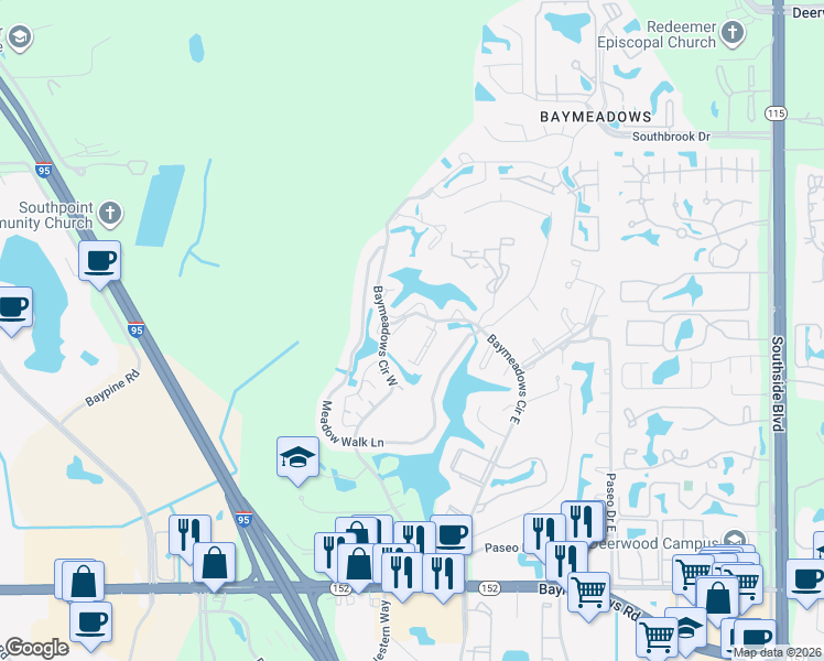 map of restaurants, bars, coffee shops, grocery stores, and more near 7863 Playa Del Rey Court in Jacksonville
