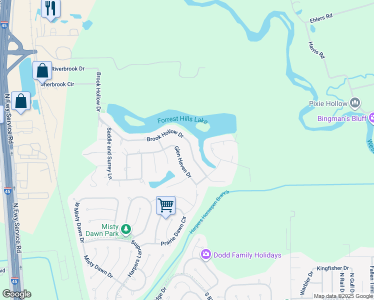 map of restaurants, bars, coffee shops, grocery stores, and more near 628 Brook Hollow Drive in Conroe