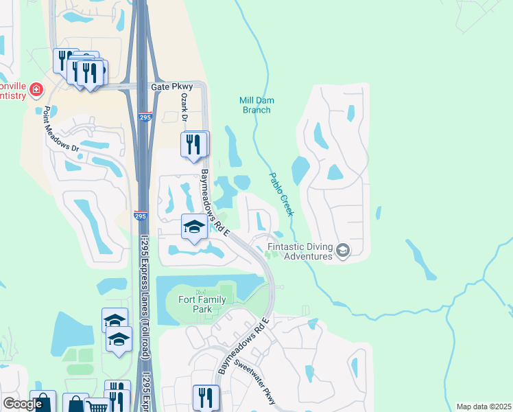 map of restaurants, bars, coffee shops, grocery stores, and more near 11519 Apostle Island Trail in Jacksonville