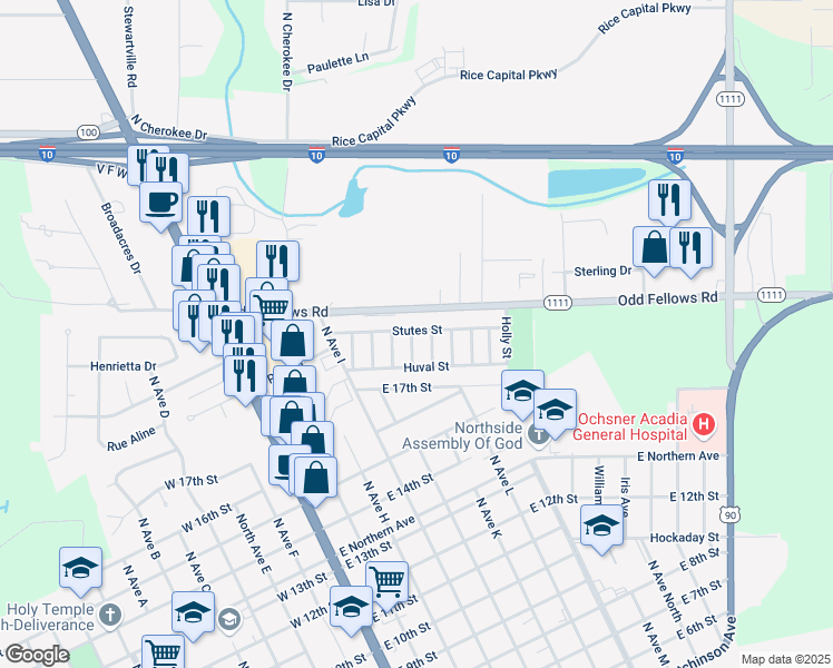map of restaurants, bars, coffee shops, grocery stores, and more near 1824 Cherry Street in Crowley