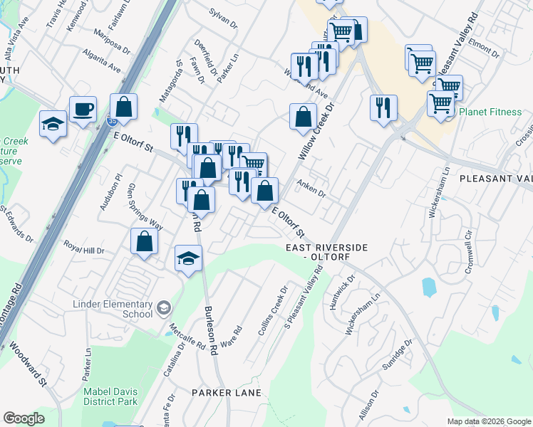 map of restaurants, bars, coffee shops, grocery stores, and more near 2307 Douglas Street in Austin