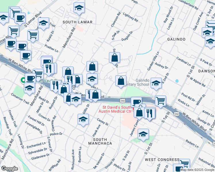 map of restaurants, bars, coffee shops, grocery stores, and more near 4010 Banister Lane in Austin