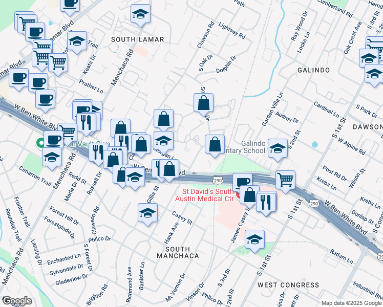 map of restaurants, bars, coffee shops, grocery stores, and more near 4010 Banister Lane in Austin