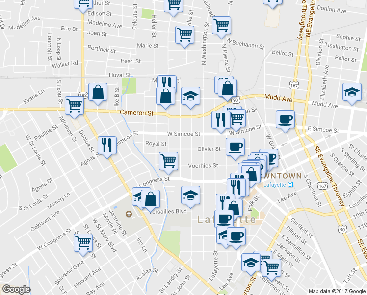 map of restaurants, bars, coffee shops, grocery stores, and more near 714 Olivier St in Lafayette