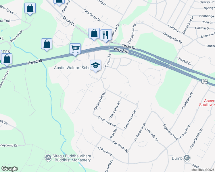 map of restaurants, bars, coffee shops, grocery stores, and more near 8707 South View Road in Austin