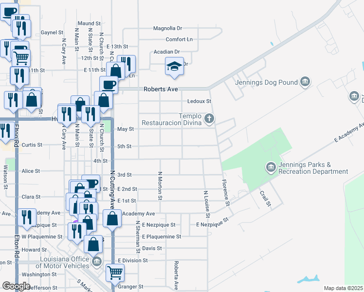 map of restaurants, bars, coffee shops, grocery stores, and more near 699 5th St in Jennings
