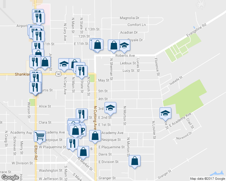 map of restaurants, bars, coffee shops, grocery stores, and more near 5th Street in Jennings