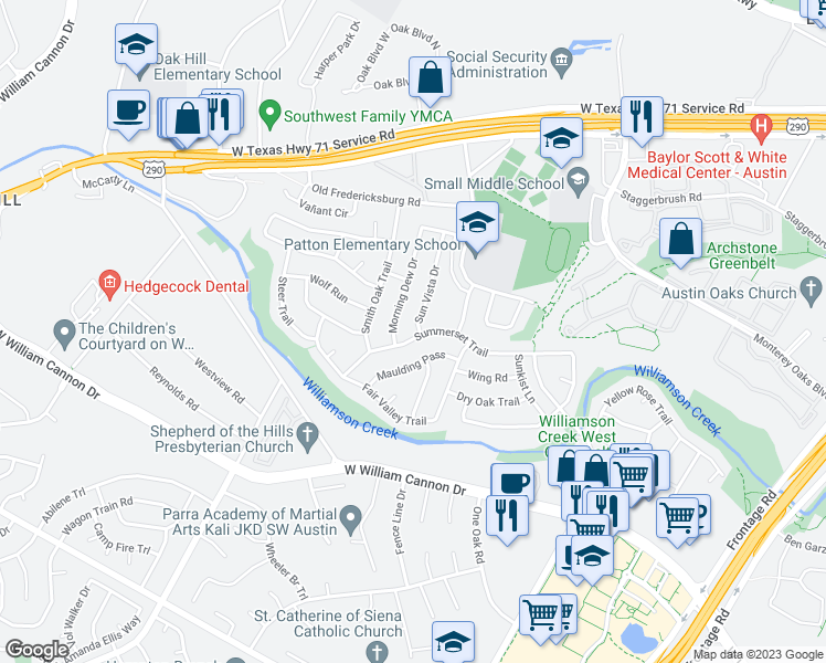 map of restaurants, bars, coffee shops, grocery stores, and more near 6214 Sun Vista Drive in Austin