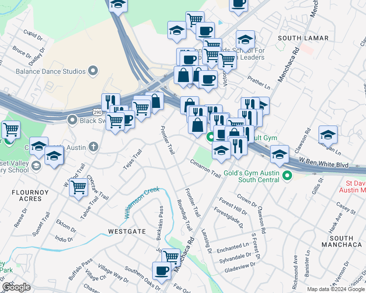map of restaurants, bars, coffee shops, grocery stores, and more near 4503 Rim Rock Path in Austin