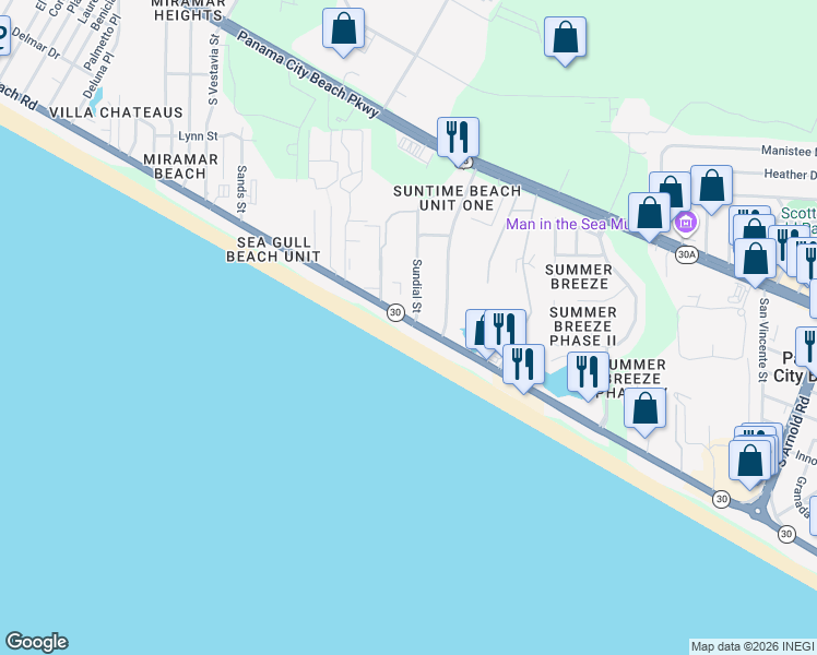 map of restaurants, bars, coffee shops, grocery stores, and more near 17551 Front Beach Road in Panama City Beach