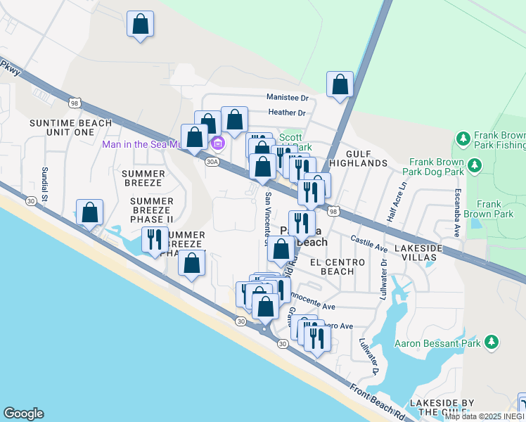 map of restaurants, bars, coffee shops, grocery stores, and more near 17225 Panama City Beach Parkway in Panama City Beach