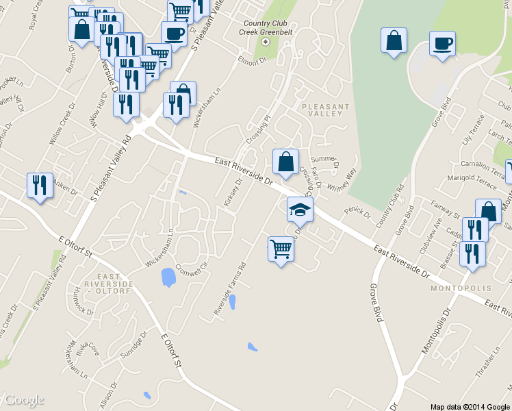 map of restaurants, bars, coffee shops, grocery stores, and more near 5007 E Riverside Dr in Austin