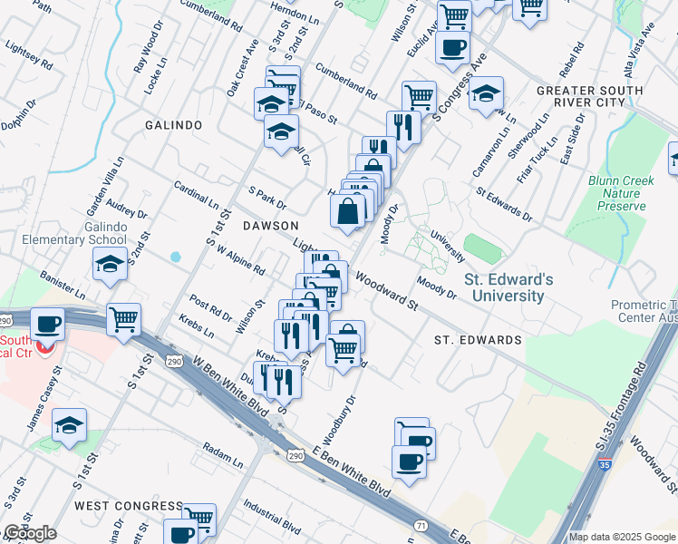 map of restaurants, bars, coffee shops, grocery stores, and more near 3400 South Congress Avenue in Austin